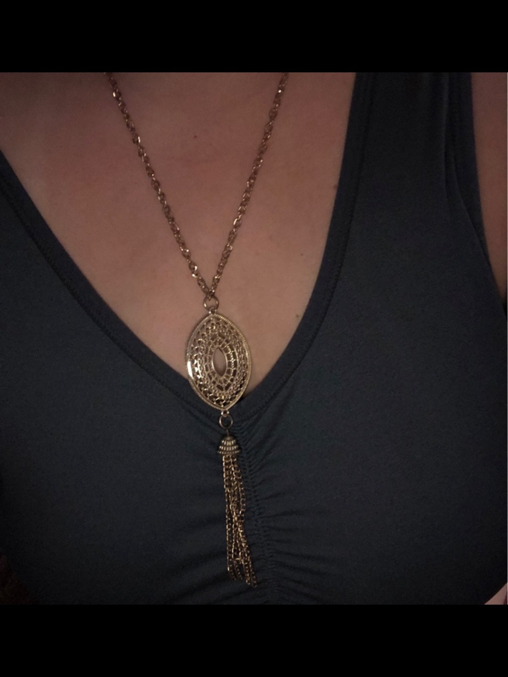 Gold-Tone Oval Filigree Pendant Tassel Necklace - Women Jewelry
